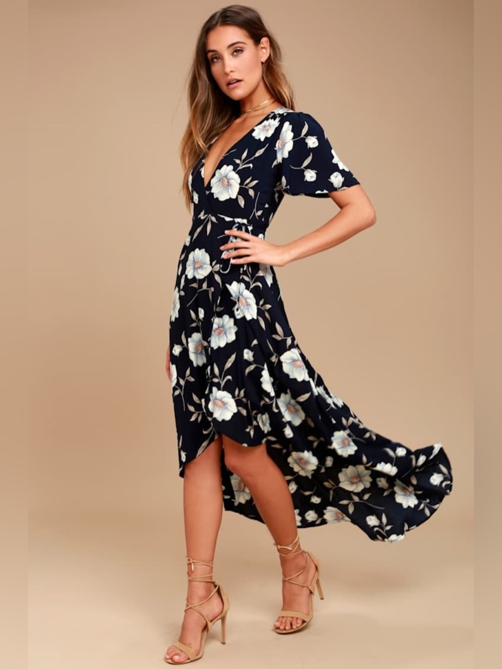 Lulus Lake Como Navy Blue Floral Print High-Low Wrap Dress size S - Picture 2 of 7